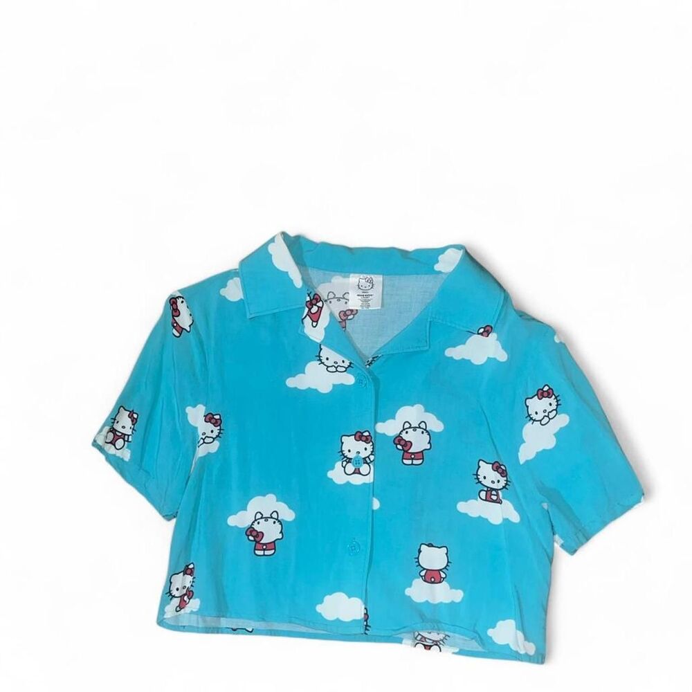 Sanrio Hello Kitty Women's Teal Clouds Button Up Crop Blouse SZ S